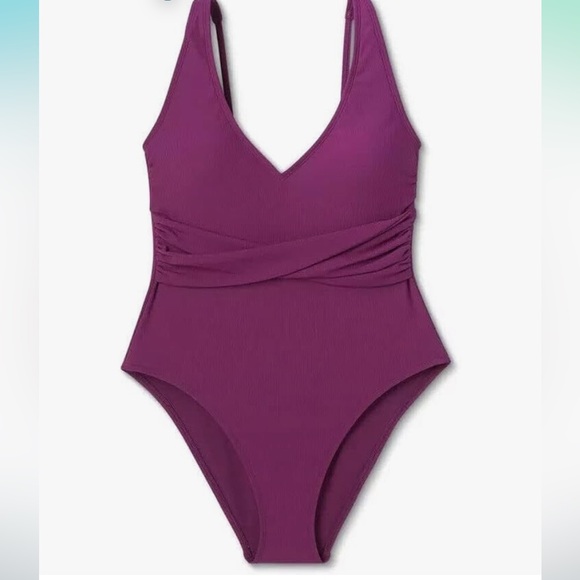 Shade & Shore Ribbed Plunge Twist Front One Piece Swimsuit Size Small NWT - Picture 3 of 9